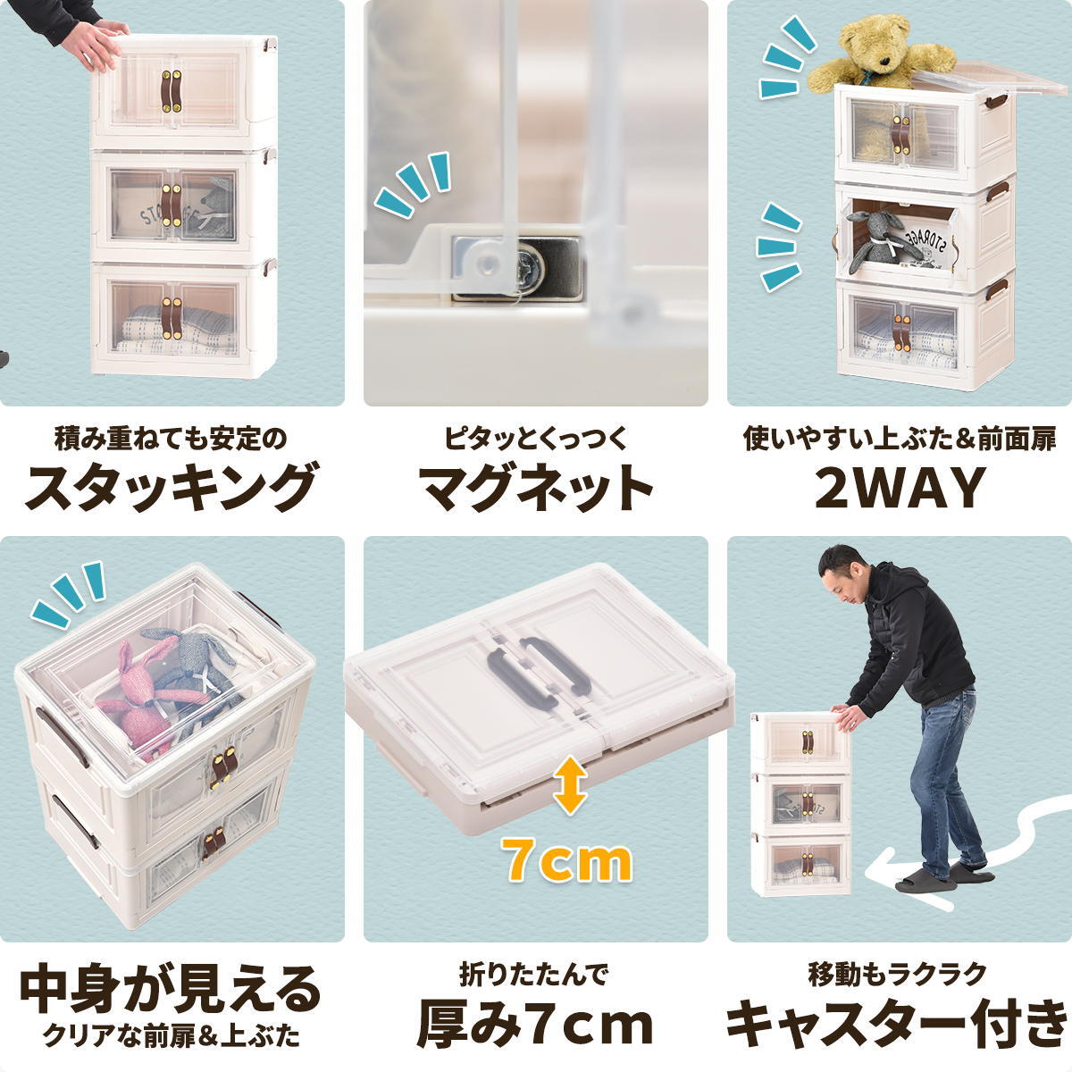 多目的収納ボックス　BENRY（小）【３個セット】 ONSE0241 折りたたみ 前扉付き マグネット開閉 キャスター付き 積み重ね スタッキング コンテナ 収納ボックス ハニカム構造 ストレージボックス 収納ボックス  収納ボックス 折畳み