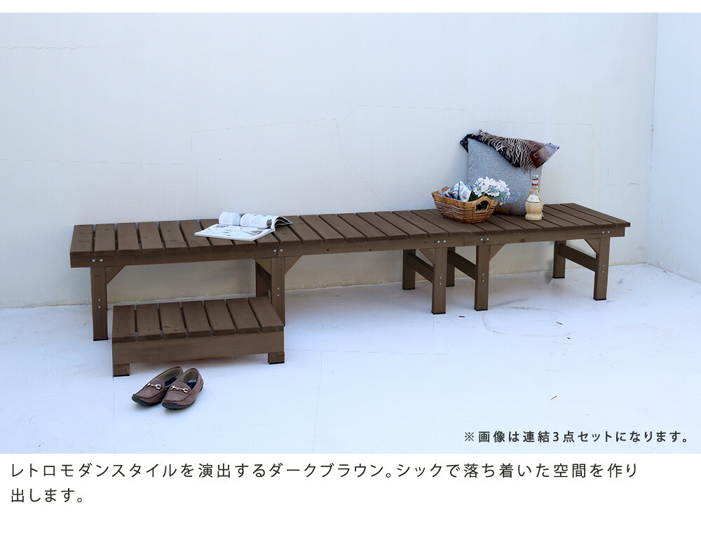 ウッドデッキ ユニット縁台ベンチ hiyori ひより ステップセット 幅174・奥行55 ウッドデッキ 簡単組立 縁側 DIY 木製 天然木 庭 ベランダ マンション おしゃれ ガーデン 屋外 家具 ブラウン ダークブラウン アウトドアリビング ベンチ