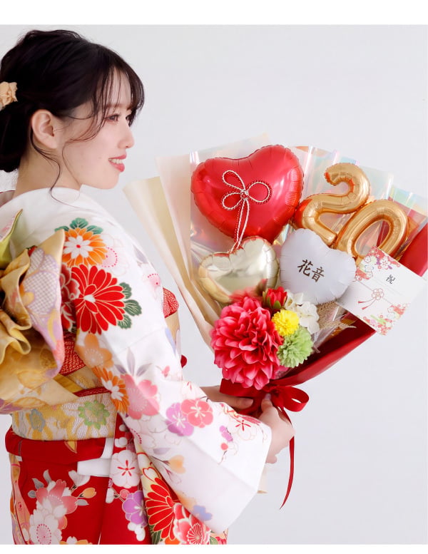リニューアル★成人式 花束 バルーン 成人の日 20歳 バルーン ブーケ お祝い 誕生日 女性　女子 おしゃれ SNS映え 2027 バルーンアレンジ 赤系 着物に合う 大きめ 電報  成人式前撮り ハーフ成人式 誕生日 名入れ 送料無料 成人式用花束バルーン