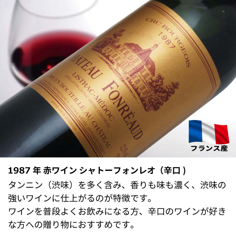 1987年 名前入り彫刻 生まれ年 赤ワイン シャトー フォンレオ 辛口 昭和62年 名入れ 誕生日プレゼント ワインセット 木箱入【送料無料】