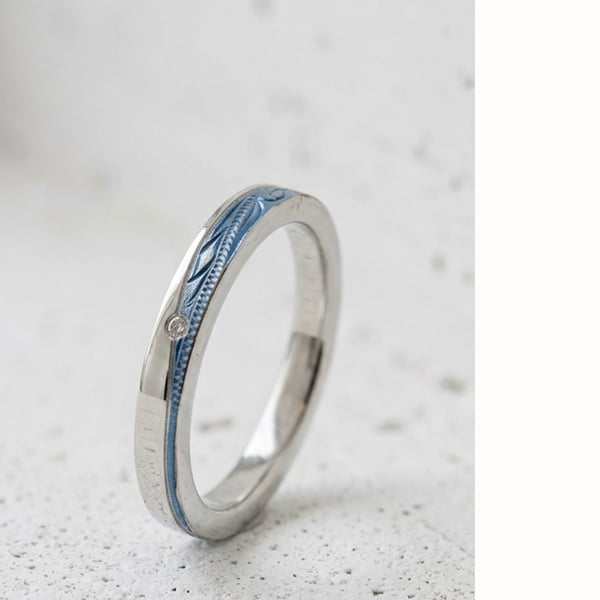 【レーザー刻印無料】【20文字まで刻印◎】ハワイアンジュエリー ペアリング 指輪 3mm ダイヤモンド 名入れ 金属アレルギー ウェーブ コンビカラー ブルー ピンク 青 メンズ レディース 結婚指輪 マリッジリング ギフト プレゼント アクセサリー