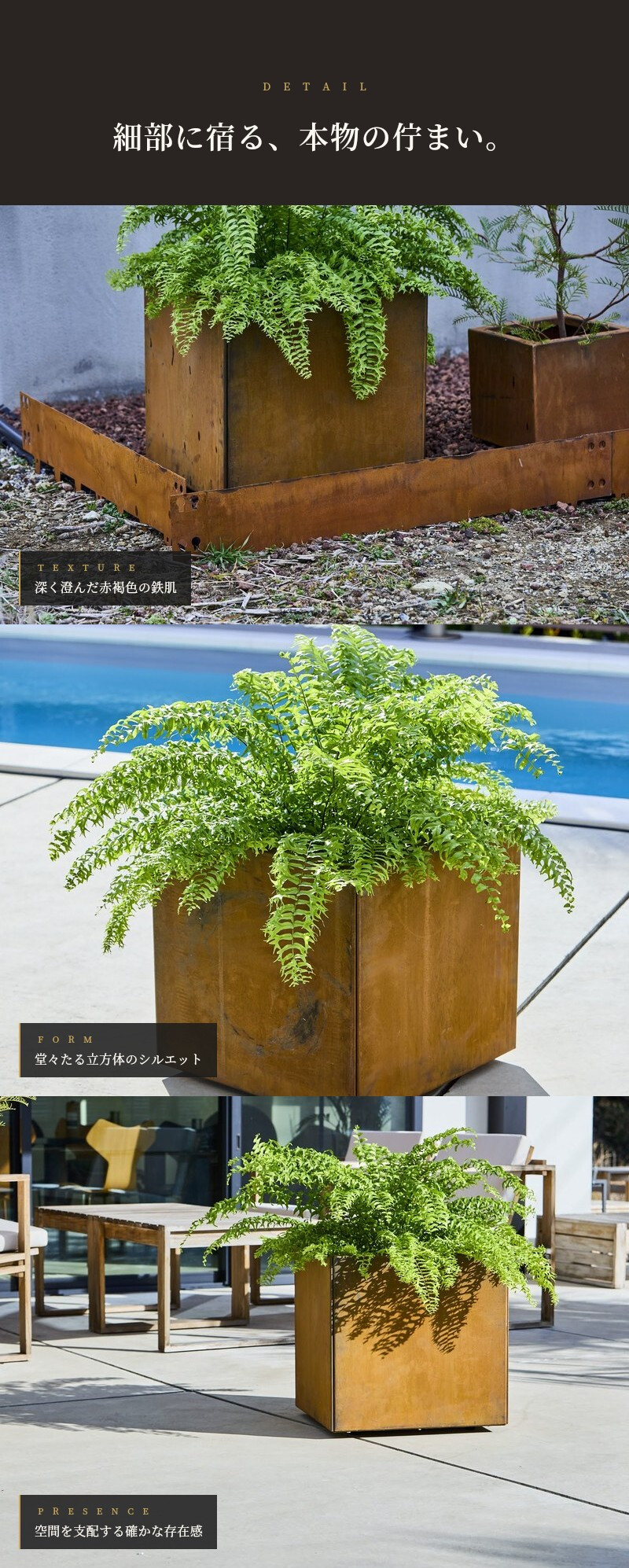 コールテン鋼 高級植木鉢 おしゃれ 大型 スクエア 50cm四方 アンティーク 経年美 Patina スクエアプランターL500 A-PLUS 屋外 観葉植物 多肉植物 サボテン シンボルツリー 寄せ植え 花 鉢カバー 北欧 モダン 玄関 庭 パティナ