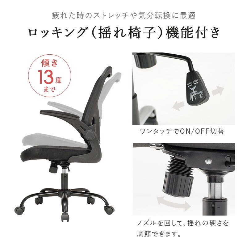 オフィスチェア メッシュ オフィス ヘッドレスト ランバーサポート 跳ね上げ式 アームレスト 可動肘 ロッキング 昇降式 360度回転 キャスター付き ハイバック ワーク 事務椅子 パソコン 在宅勤務 テレワーク 通気性 クッション座面 ブラック グレー
