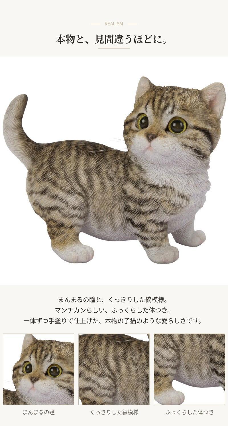 置物 猫 右向きマンチカン 茶黒 幅14cm woobia ウービア リアル かわいい おしゃれ 玄関 インテリア オブジェ ガーデン マンチカン キジトラ ねこ ネコ 動物 アニマル 癒し 棚 北欧 リビング プレゼント ギフト 新築祝い 猫好き
