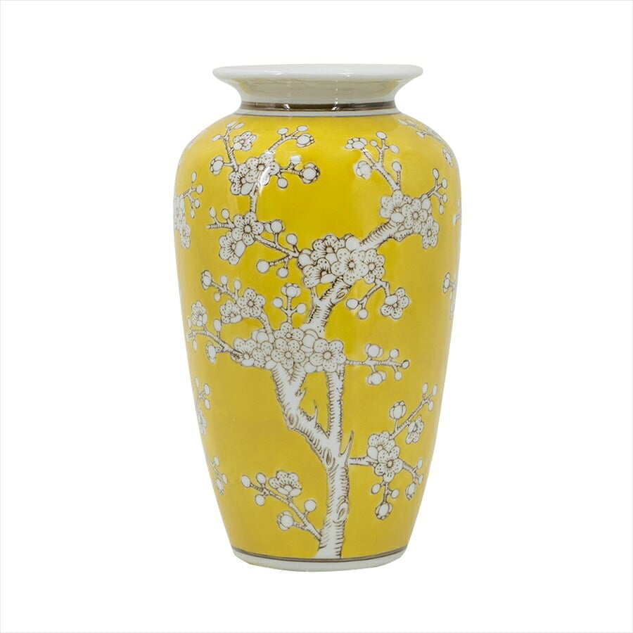 シノワズリ 壺 高さ27cm 縦型 イエロー 磁器 ジャー 花びん 花瓶 花器 ディスプレイ 置物 風水 開運