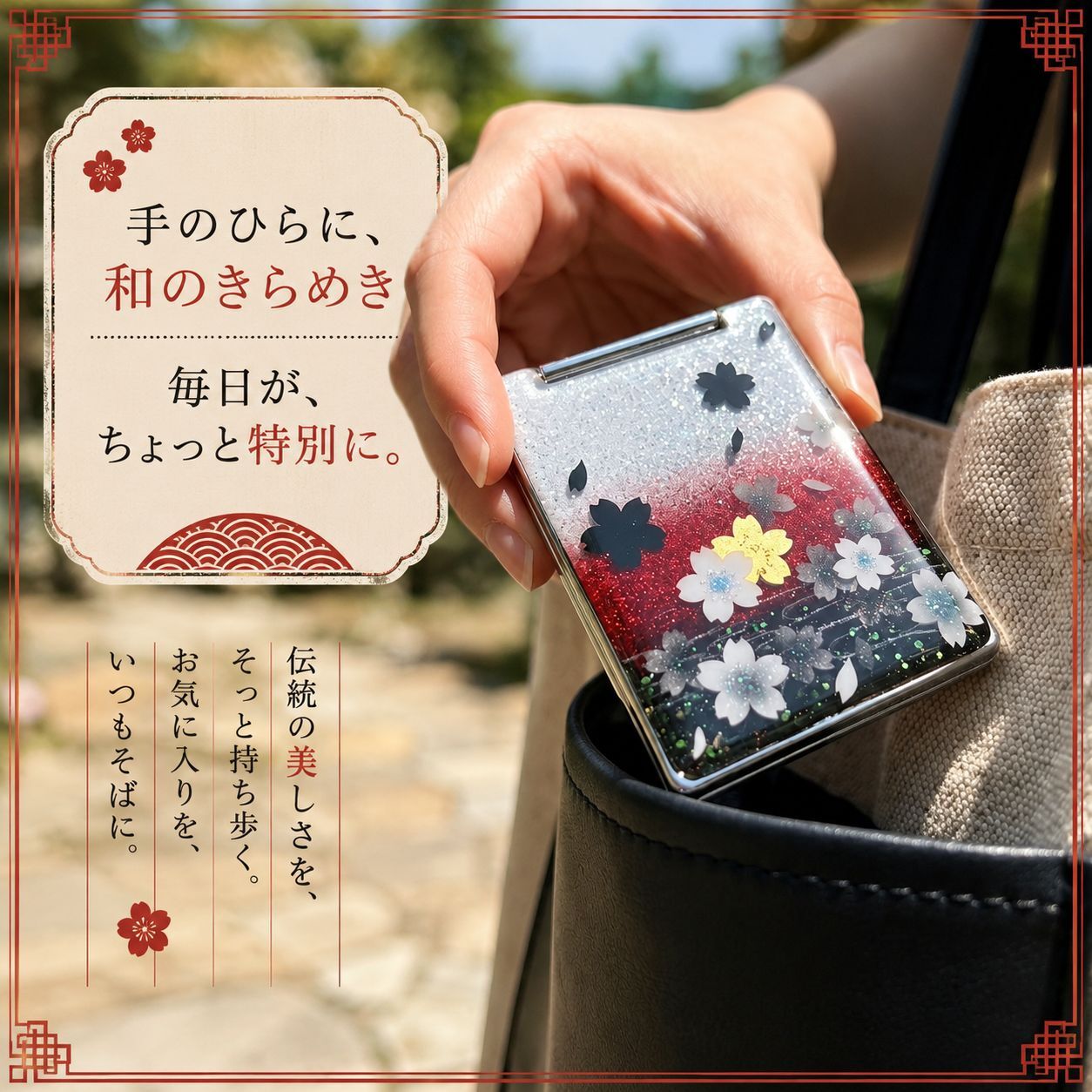 職人の手作り！和柄コンパクトミラー『塀』名入れ 送料無料 和柄 和モダン 和雑貨 和小物 手鏡 折りたたみ 桜 伝統工芸 職人 手作り ハンドメイド 記念日 プレゼント ギフト