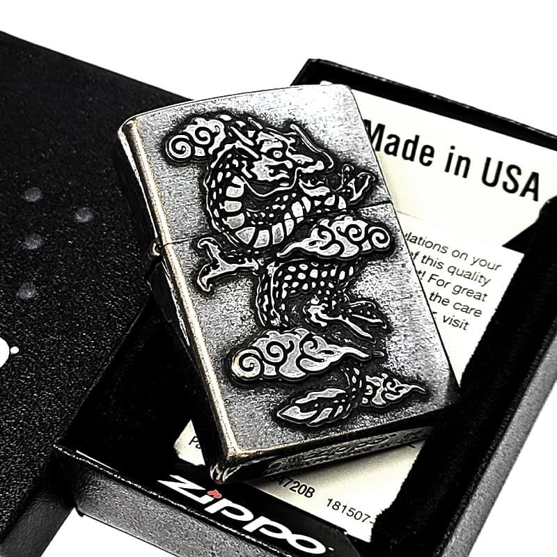 ZIPPO ライター 龍 メタル重ね貼り ドラゴン ジッポ 竜 クロームバレル アンティークシルバー 和柄 日本 おしゃれ かっこいい メンズ 渋い ギフト プレゼント