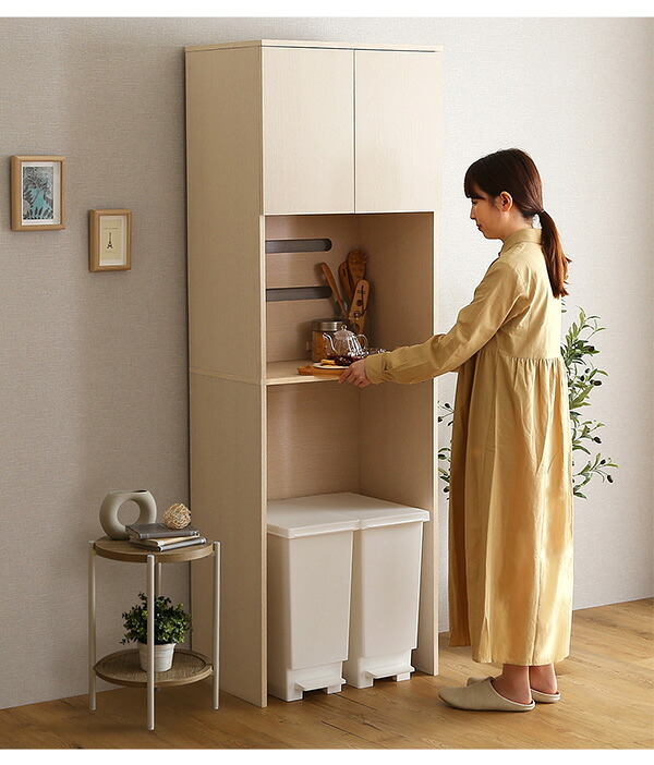 食器棚 ゴミ箱収納付き さわやかな木製ごみ箱上ラック スリムタイプ FLLW-T2S--WHW ホワイトウォッシュ 幅59cmタイプ ホームテイスト レンジ台 レンジラック 幅59cm スリム コンセン ゴミ箱上ラック ゴミ箱上収納：