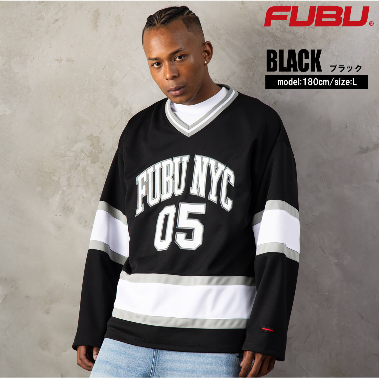 FUBU フブ ホッケーシャツ メンズ レディース fam-62712 ホッケージャージ ゲームシャツ 長袖 Vネック ナンバリング ロゴ プリント オーバーサイズ ストリート ヒップホップ ダンス カジュアル M L XL XXL 2026FW Karlas