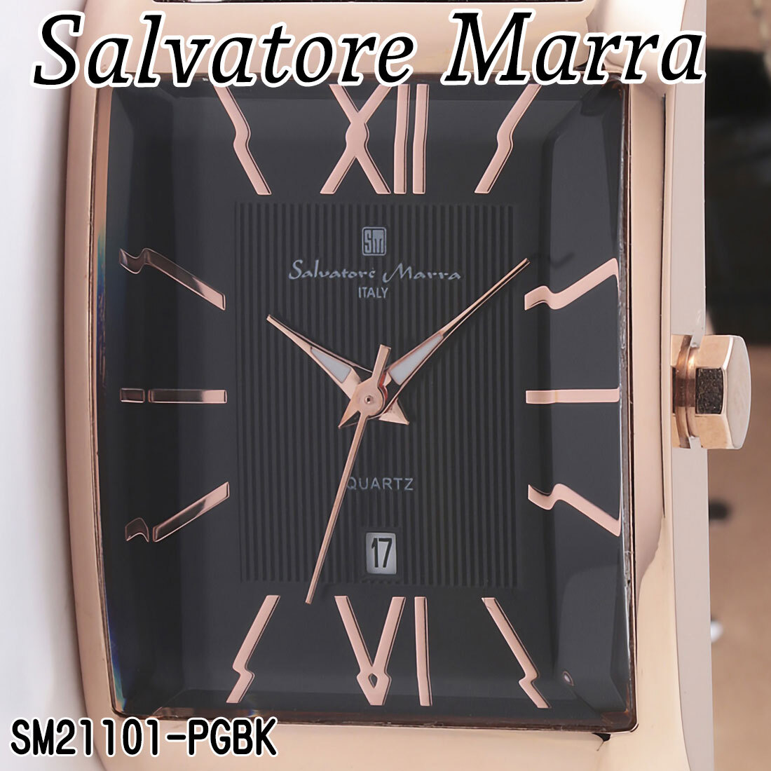 【送料無料】（お取り寄せ）腕時計 メンズ Salvatore Marra サルバトーレマーラ レクタンギュラー(スクエア)ケース 3気圧防水 レザーベルト アナログ SM21101-PGBK ブランド 人気 シンプル ウォッチ カジュアル フォーマル [SM21101-PGBK]