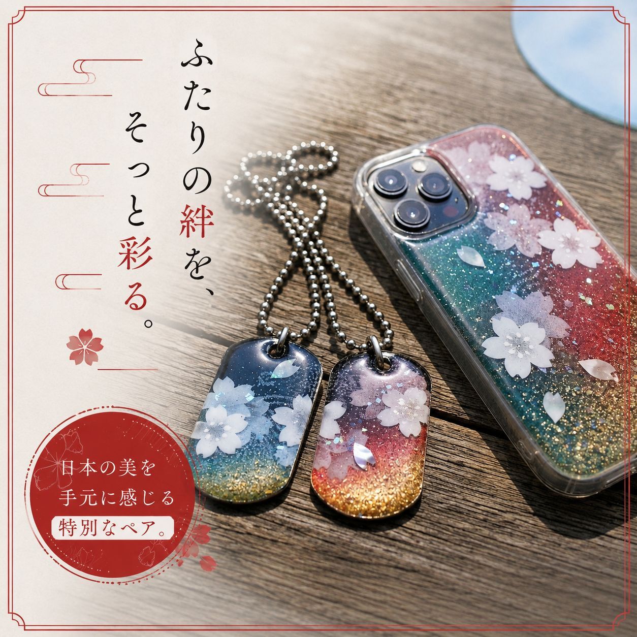 【お試しセット】絵柄がつながる！和柄ペアネックレス 和風 桜 工芸 職人 手作り ハンドメイド アクセサリー 送料無料 名入れ プレゼント ギフト カップル