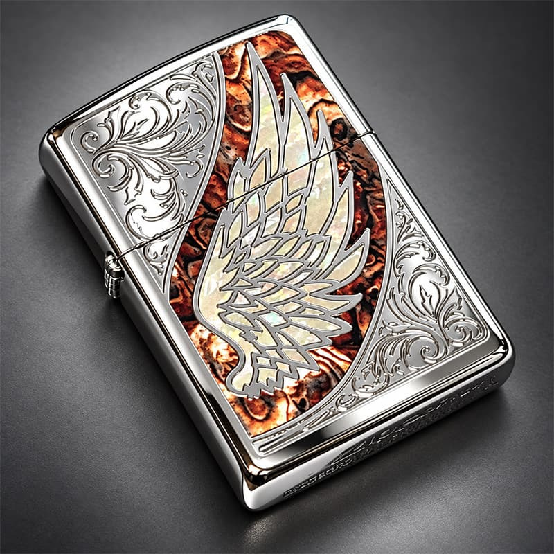 ZIPPO ウイング 天使の羽 ジッポ ライター マーブル ブラウン おしゃれ 翼 シルバー アラベスク 彫刻 茶 御守り メンズ レディース かっこいい ギフト プレゼント