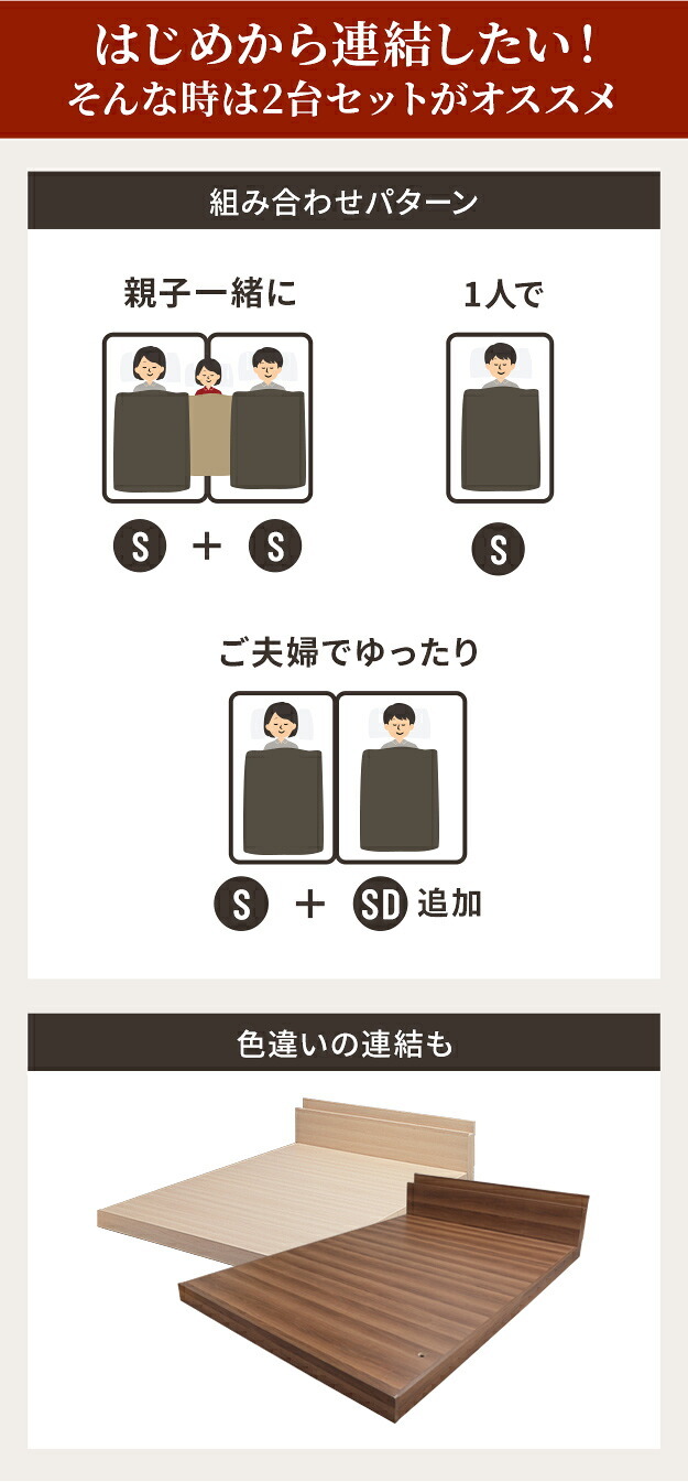 ベッド ロータイプ 連結 家族揃って布団で寝られる連結ローベッド-ファミーユ シングルサイズ 同色2台セット ベッドフレームのみ ベッドフレーム ファミリーベッド 連結ファミリー 家族ベッド 親子ベッド 子供 フロアベッド 木製 宮付き おしゃれ 北欧 新生活