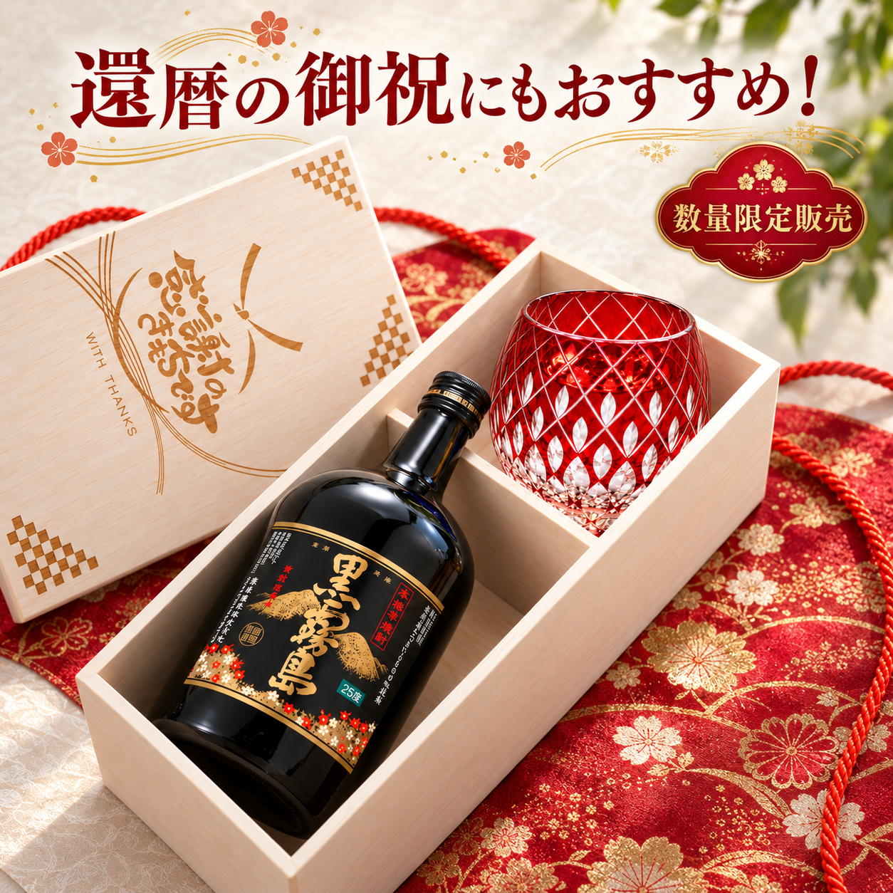 退職 異動 名入れ ギフト SXX 酒セット 芋焼酎 霧島酒造 黒霧島 720ml & 切子 丸型ロックグラス 玉響 木箱入り / プレゼント ギフト 退職 記念 誕生日 還暦 早寿 長寿 祝い 赤 青 選べるカラー 数量限定