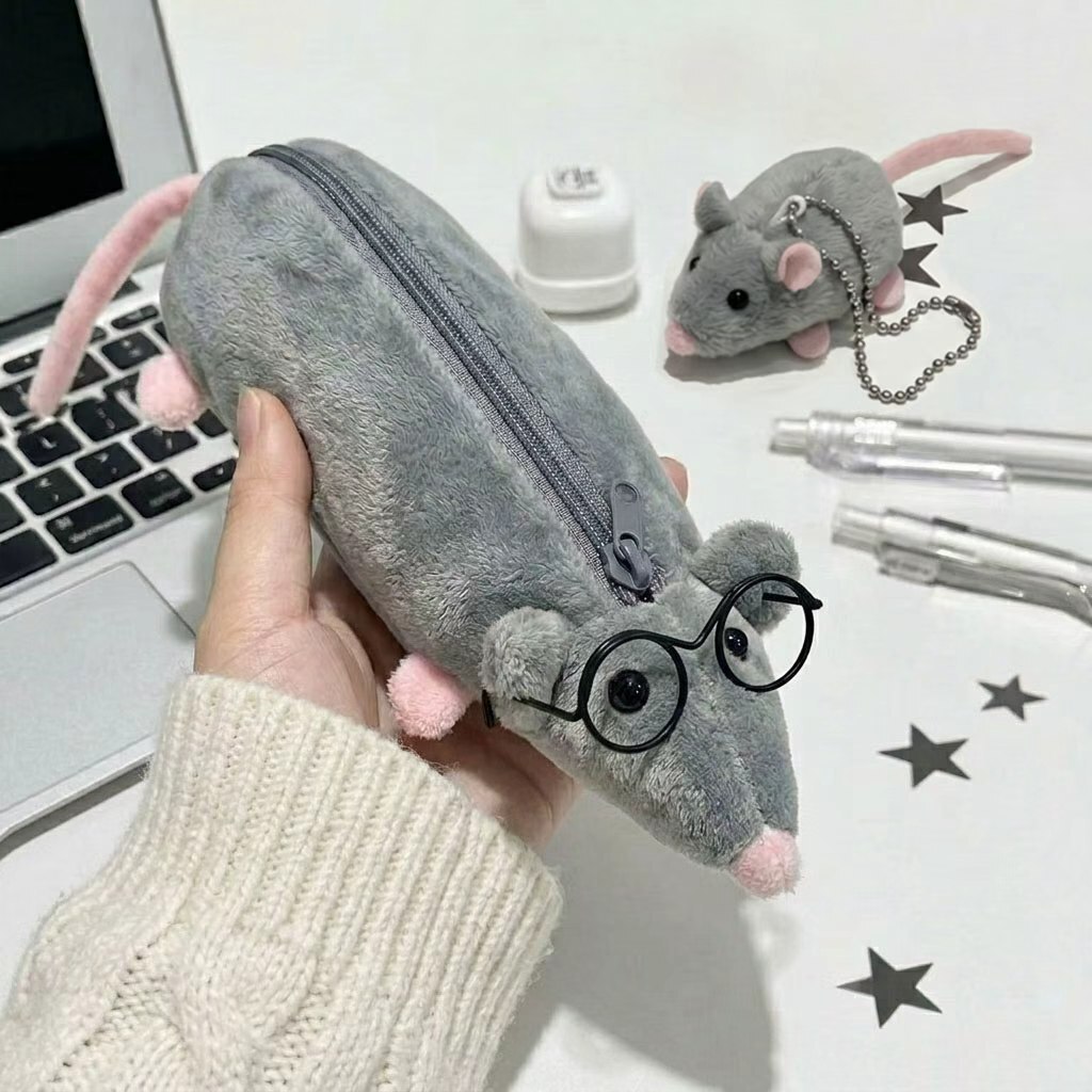 ネズミ ペンケース ぬいぐるみ ふわふわ アニマル 筆箱 メガネ付き かわいい 文房具 小物入れ ペンポーチ 学生 男の子 女の子 持ち運び プレゼント ギフト