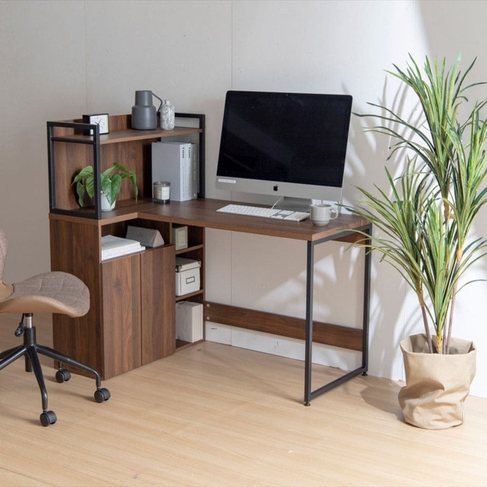 Ｌ字型棚付きワークデスク　幅１２０ｃｍ　パソコンデスク　ＰＣデスク　ラック付きデスク　Ｌ字　収納付き　収納　大容量　キャビネット