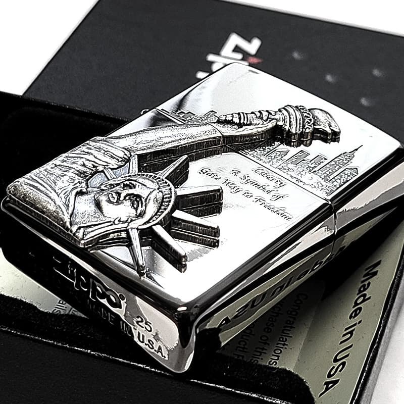 ZIPPO ライター 自由の女神 シルバー ジッポ 両面加工 ニューヨーク アメリカ 彫刻 ニッケル燻し 重厚立体メタル 銀 かっこいい Statue of Liberty おしゃれ レディース メンズ ギフト プレゼント