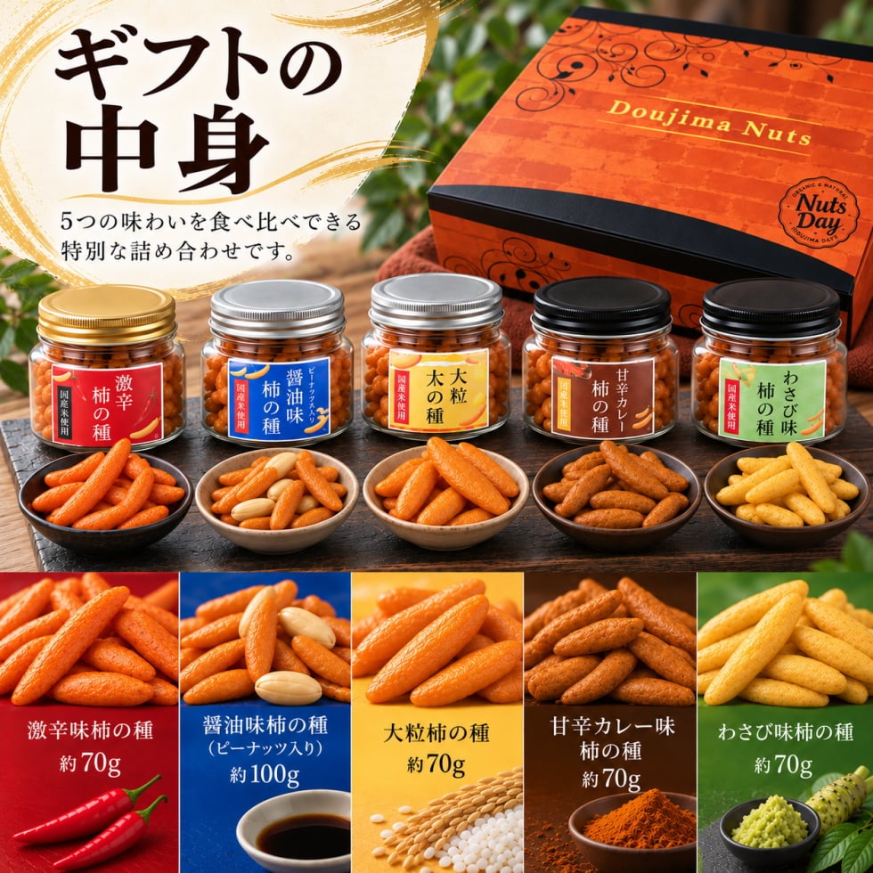 お歳暮 ギフト ナッツ お菓子 親 変わり種 おしゃれ 年配 送料無料 高級 健康食品 御中元 プレゼント ナッツ おつまみ おつまみ テレビで話題！ 5種柿の種 詰合せ スイーツ プレゼント オリジナル柿の種セット 北新地・百貨店でお土産に使われています 【5種柿の種 詰合せ】