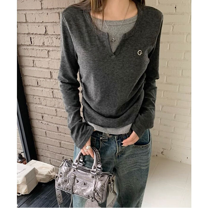 tシャツ レディース 長袖 通販 カットソー 重ね着風トップス レイヤード風ロンT カジュアル きれいめ無地 スリムフィット 通学通勤 あったか防寒 秋冬ファッション シンプルベーシック フェミニン 柔らかストレッチ ウンドネック トップス シンプル