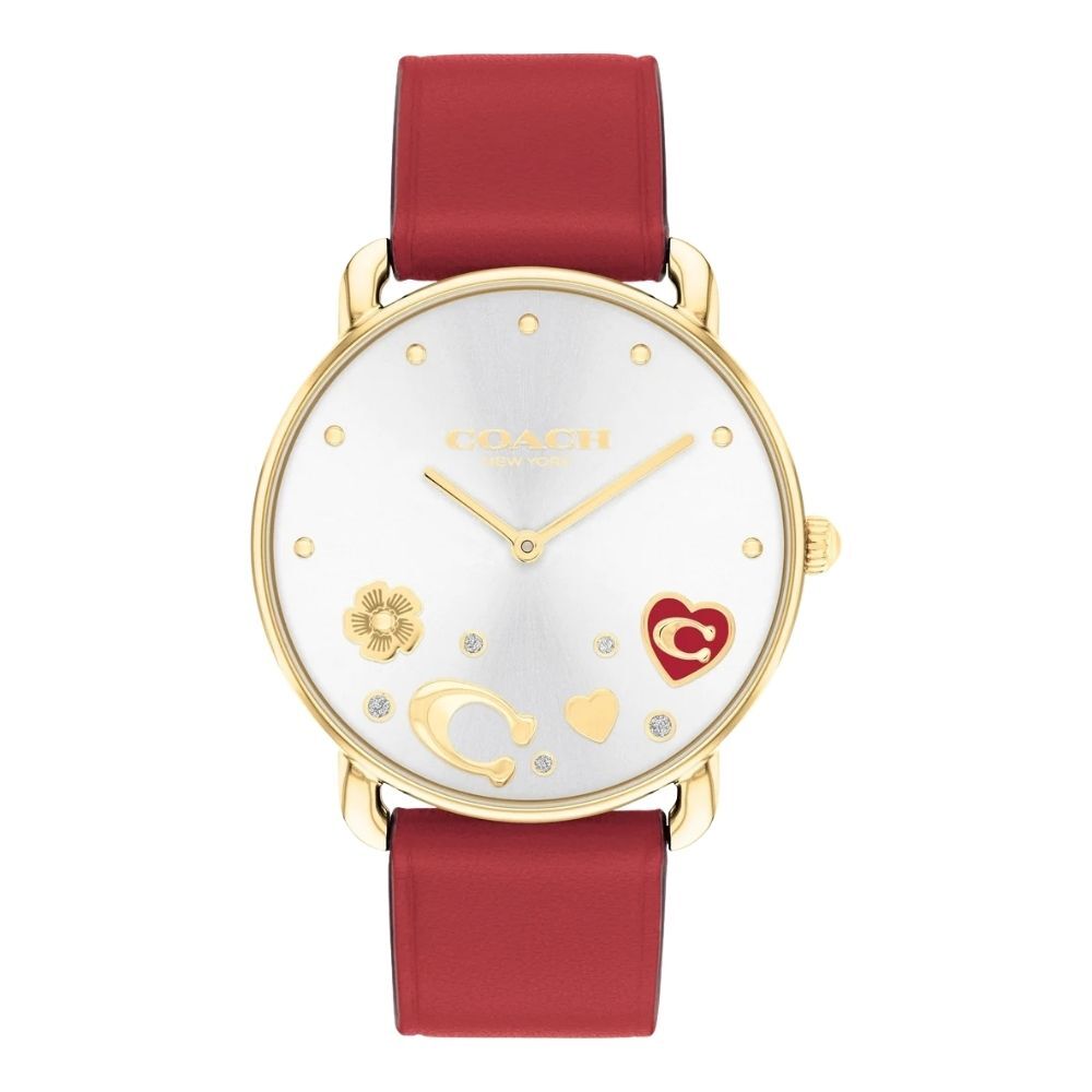 コーチ 腕時計 レディース 正規品 5年保証 エリオット 36mm レッド 赤 レザーベルト ハート チャーム クリスタル おしゃれ かわいい 女性 彼女 妻 娘 誕生日 記念日 クリスマス プレゼント ギフト 純正ショッパー付き COACH ELLIOT 成人 卒業 入学