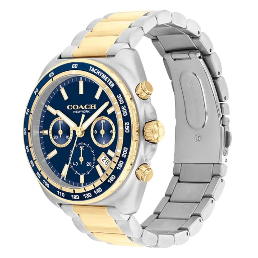コーチ 腕時計 メンズ 正規品 5年保証 チャーター クロノグラフ 44mm ブルー ゴールド シルバー ツートン メタルベルト タキメーター 30m防水 ビジネス 夫 彼氏 父 誕生日 プレゼント ギフト 純正ショッパー付き COACH 成人 卒業 入学