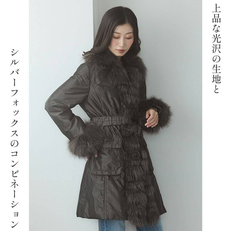 ファー付きコート コート フォックス トリミング ベルト付き レディース 中綿入り シルバーフォックス 冬 アウター レディースコート 中綿コート フォックスファー リアルファー 秋 冬 ギフト プレゼント 6F (02000073r)