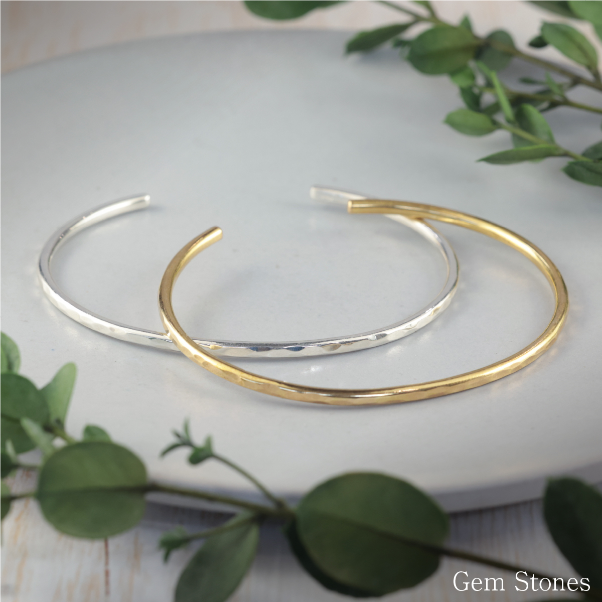 Gem Stones】 幅約2.7mm 純銀 真鍮 バングル ハンマード ピュア 