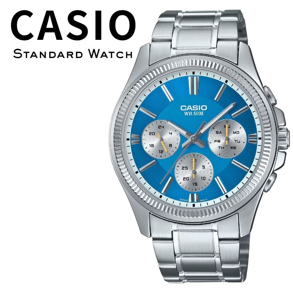箱なし カシオ 腕時計 メンズ CASIO ブルー マリンブルー アイスブルー シルバー メタル ステンレス 海外モデル 逆輸入 カレンダー 曜日 日付 24時間表示 ビジネス 仕事 就職祝い 誕生日 父の日 プレゼント ギフト 成人 卒業 入学