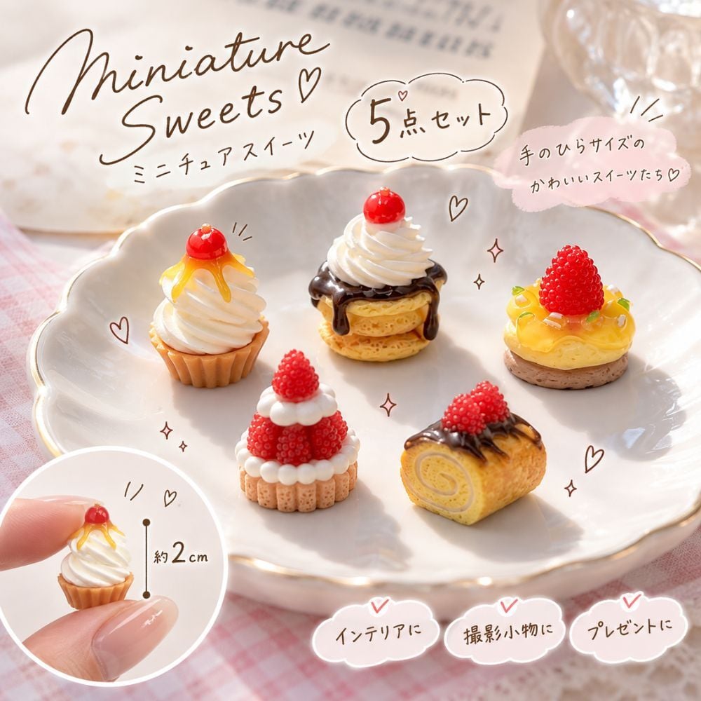 ミニチュアスイーツ 5点セット 約2cm ミニチュア ケーキ スイーツ デコレーション ミニチュアフード フェイクスイーツ 小物 撮影小物 インテリア 飾り ドールハウス 推し活 かわいい