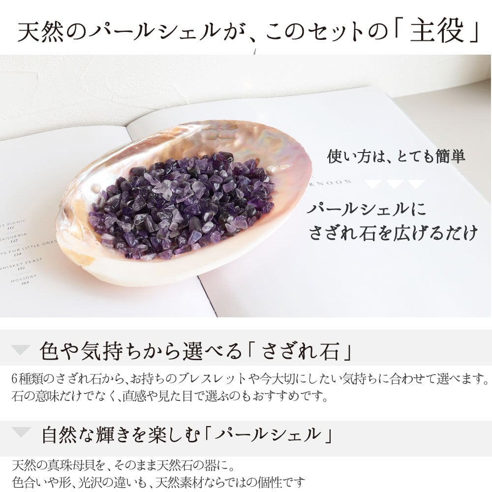 パワーストーン 簡単 浄化セット 入れ 置き皿 浄化皿 パールシェル 選べる6種のさざれ イケチョウ貝 器 浄化 グッズ 2点セット ブレスレット ピアス ネックレス の浄化用 天然水晶 空間浄化セット 玄関用 部屋用 置物 厄払い 女性 男性 厄年 プレゼント