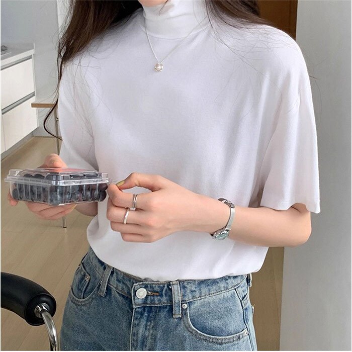 モックネックTシャツ 通販 半袖カットソー ドロップショルダー タートルネック ストレッチ素材 カジュアル 伸縮性 ゆるTシャツ 無地 シンプル 首元カバー 日よけ対策 プルオーバー 春夏秋 無地Tシャツ おしゃれ オシャレ