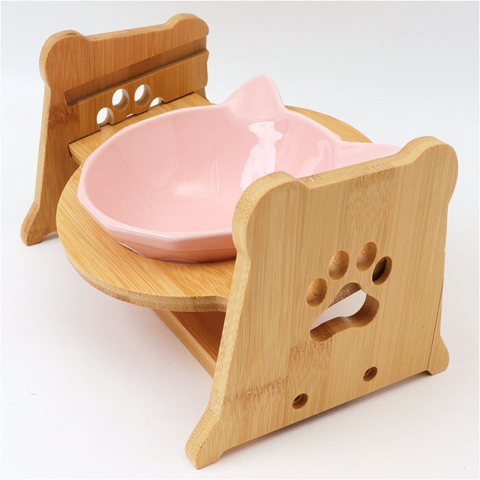 猫用フードボウル 通販 ペット用食器台 陶器製ボウル 斜め高さ調整 食べやすい猫食器 おしゃれな猫型皿 木製スタンド セラミックボウル キャットフード入れ エサ皿水入れ かわいいペット用品 首に優しい設計 傾斜付き食器台 シングルボウル 餌皿スタンドセット 陶器