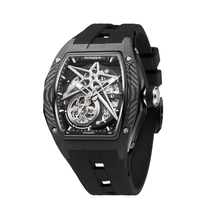 【正規品】MINBER ミンバー Star Skeleton JC9108-02 メンズ腕時計 日本製ムーヴメント 自動巻き 3気圧防水  ブラック  ラバーベルト
