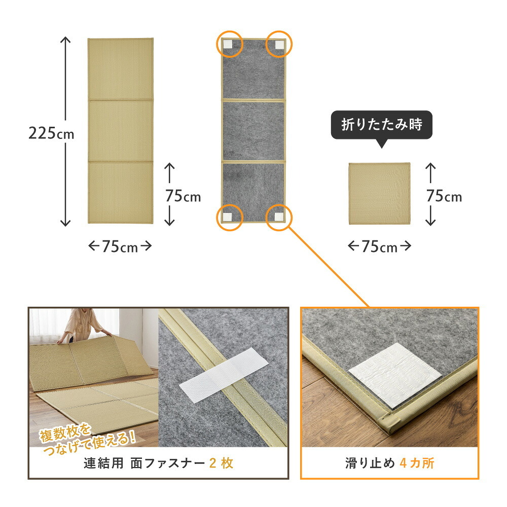 折りたたみ置き畳 3面 約75×225×1.1cm 1.5畳 い草風 連結畳 水拭きOK 折りたたみ コンパクト 置き畳 ユニット畳 滑りにくい 面ファスナー ブラウン グリーン 和室 フローリング 畳スペース 折りたたみ畳 い草風畳 畳マット フロア畳