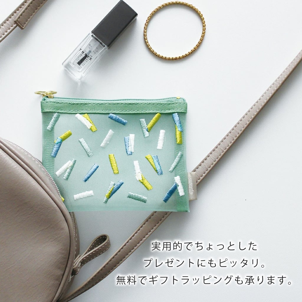 SUVANTO　刺繍ミニポーチ メッシュ ミニサイズ コンパクト ファスナー レディース 刺繍 花柄 収納 ベージュ ネイビー グリーン 花 プレゼント ギフト 誕生日 母の日 出産祝い 無料ラッピング
