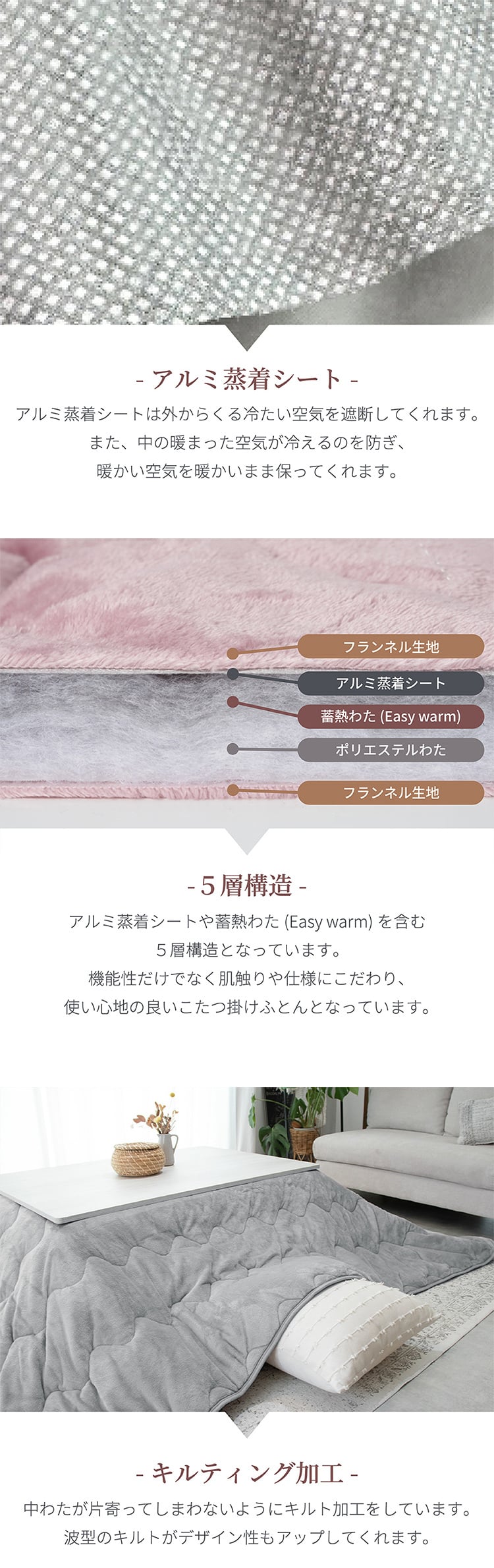 5層構造 あったか こたつ掛け布団 フランネル アルミシート入り 190cm 240cm 260cm 秋冬用 保温 蓄熱 断熱  こたつ布団 ふとん 薄掛けふとん キルトケット 暖かい 洗える 洗濯可能 Easy warm わた使用 韓国インテリア おしゃれ かわいい ピンク グレー ベージュ 送料無料