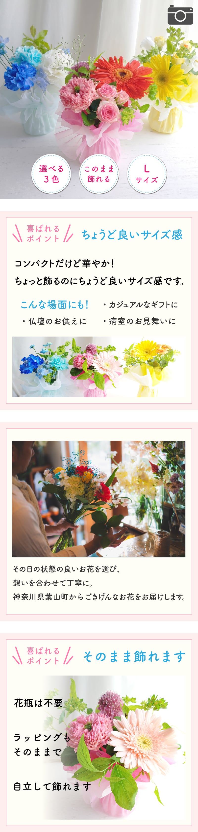 【花瓶いらずのミニブーケ】【選べる3色】【Lサイズ】そのまま飾れる 到着日指定可 最短翌日お届け スタンドブーケ スタンディングブーケ 誕生日 結婚祝い 出産祝い 還暦祝い 退職祝い 結婚記念日 引っ越し祝い 新築祝い 産休祝い 開業祝い 開店祝い 記念日 周年祝い お祝い 快気祝い 新築祝い お見舞い ペットのお悔やみ お悔やみ センスがいい フラワーギフト　生花 ミニブーケ　花束 生花