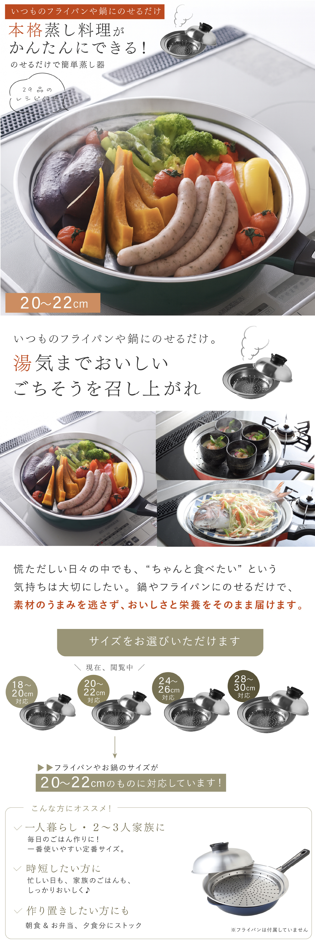 蒸し器 のせるだけで簡単蒸し器 20～22cm 燕三条 日本製 ステンレス 蒸しプレート 蒸しざる フライパン用蒸し器 鍋用蒸し器 フライパンにのせるだけ 蒸し料理 温野菜 蒸し野菜 蒸し鶏 蒸し魚 しゅうまい ヘルシー調理 1～3人 少量調理 受け皿 2WAY 食洗機対応 レシピ付き キッチン用品 調理器具 新生活 結婚祝い プレゼント ギフト