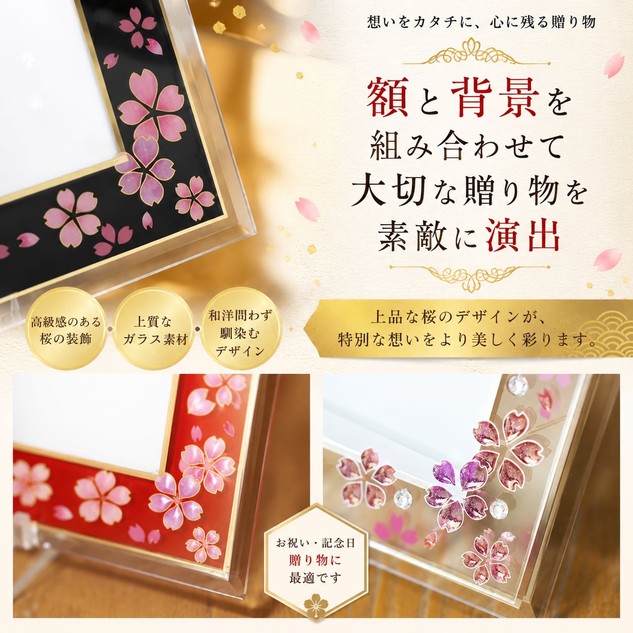 金婚式 結婚記念日 結婚祝い プレゼント ウエディング 縁起物ポエム 名前 詩 お名前ポエム 桜ガラスフレーム【B5 A4サイズ】 結婚記念日 銀婚式 お店 店舗 会社 名前ギフト詩  うさぎ 七福神 ふくろう 招き猫 富士山 鶴と亀 宝船 鯛 龍 鳳凰 縁起物 名入れ 世界にたったひとつ  【下のお名前～フルネームお二人用】