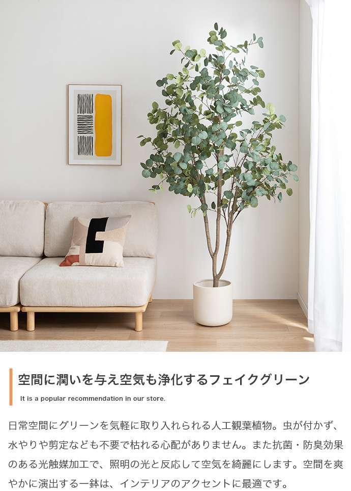 【高さ200cm】光触媒人工観葉植物 ユーカリ 幅70cm×奥行60cm×高さ200cm オフィス 天然木 ポリエステル 組立品 お部屋に気軽に飾れて空間を美しく彩るフェイクグリーン 本物の植物のようなリアルな質感とインテリアに馴染む風合いが魅力です