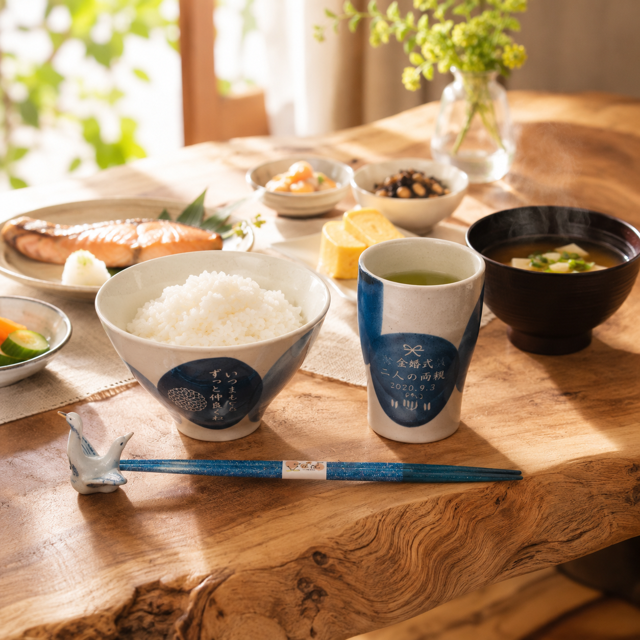 名入れ ギフト SXX 波佐見焼 食器セット 円 MADOKA 茶碗　湯呑 と おまかせ箸 赤 青 3点　お一人様セット　木箱入り