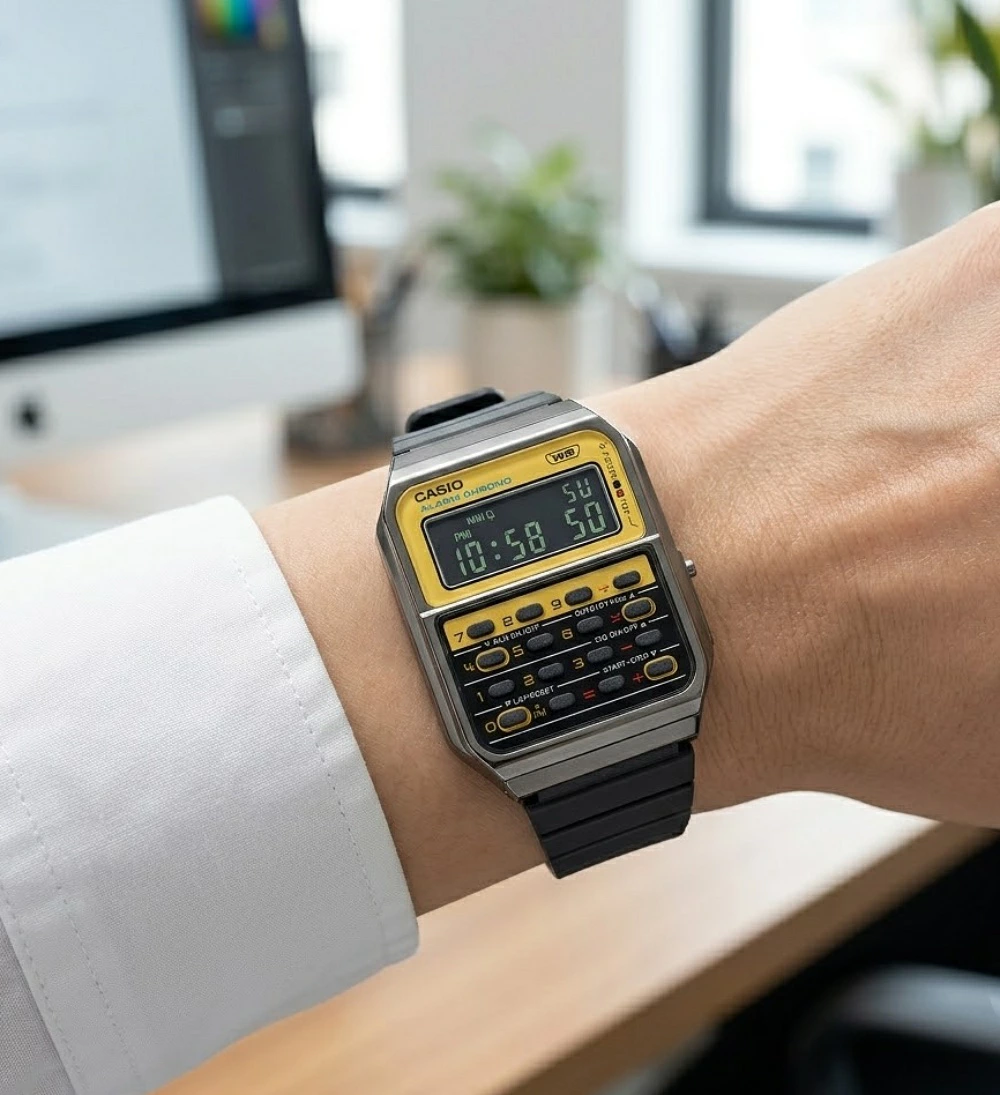 箱なし カシオ 腕時計 メンズ レディース CASIO 電卓 デジタル ガンメタ イエロー レトロ ヴィンテージ デュアルタイム ストップウォッチ アラーム 海外モデル 逆輸入 プレゼント ギフト 成人 卒業 入学