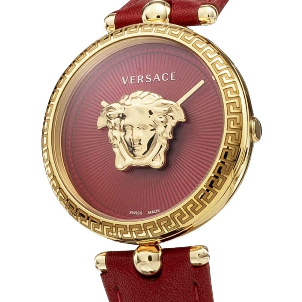 ヴェルサーチェ 腕時計 レディース レッド ゴールド 34mm VERSACE PALAZZO EMPIRE パラッツォ エンパイア 立体 メデューサ 赤 レザー 革ベルト スイス製 高級 ブランド おしゃれ プレゼント ギフト 卒業 入学 お祝い