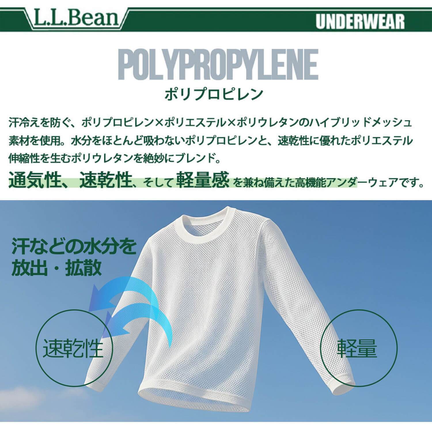 L.L.Bean エルエルビーン レディース 長袖インナーシャツ ドライ 吸汗速乾 吸水速乾 軽量 メッシュ 通気性 肌着 下着 丸首 Tシャツ トップス 登山用 トレーニングウェア スポーツウェア アウトドア ブランド 黒 白 M L karlas
