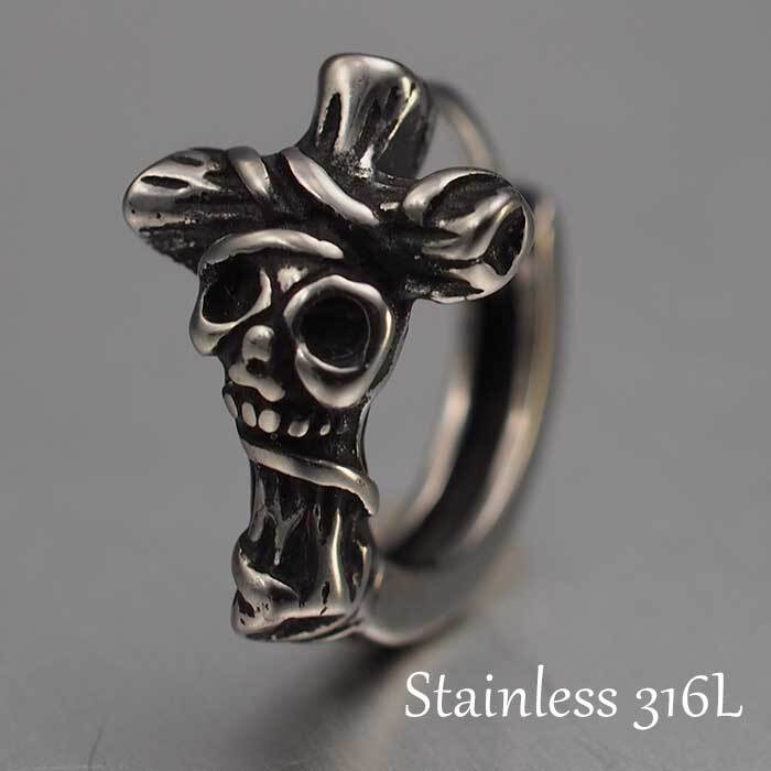 シルバーピアス スカル×クロス フープ（中折れ）ピアス 金属アレルギー対応ステンレス1P 片耳用 片方 シングル 骸骨 ドクロ 髑髏 輪 リング 輪っか 黒 ブラック アラベスク 男性用 アクセサリー かっこいい【全品1個ずつバラ売り】 プレゼント