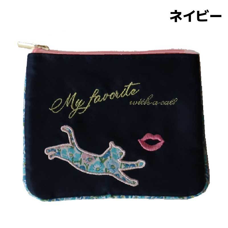 ポーチ ファスナー付き ポケットティッシュケース ねこ 刺繍 CAT ティッシュ入れ ポケット付き ポケットティッシュ ファスナーポーチ コスメポーチ 小さめ 生地 抗菌 かわいい おしゃれ デュアルスタイル