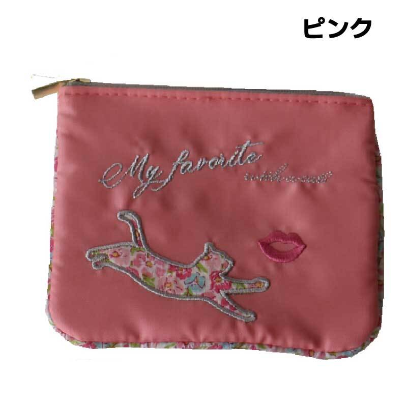 ポーチ ファスナー付き ポケットティッシュケース ねこ 刺繍 CAT ティッシュ入れ ポケット付き ポケットティッシュ ファスナーポーチ コスメポーチ 小さめ 生地 抗菌 かわいい おしゃれ デュアルスタイル
