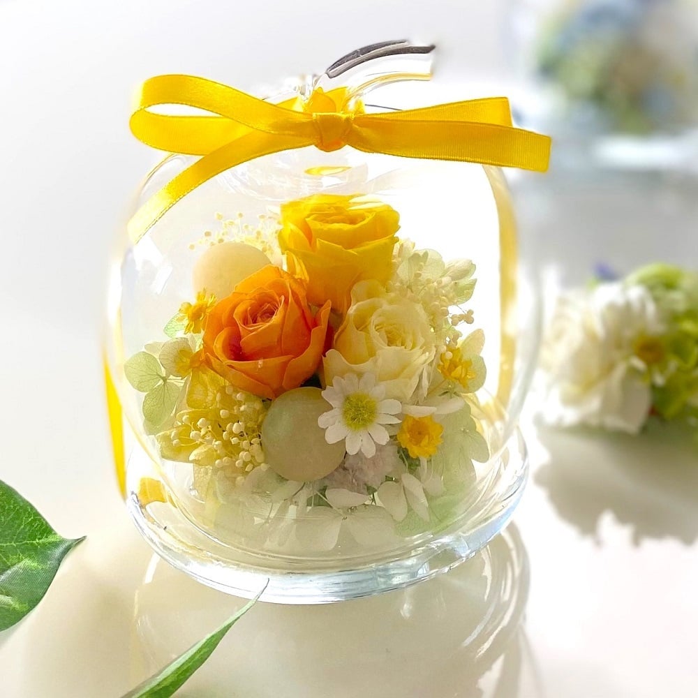  誕生日 プリザーブドフラワー ガラスドーム りんご 可愛い 女性 男性 結婚祝い 出産祝い 母の日 敬老の日 お供え お見舞い インテリア 送別  開店開業祝い ホワイトデー 記念日