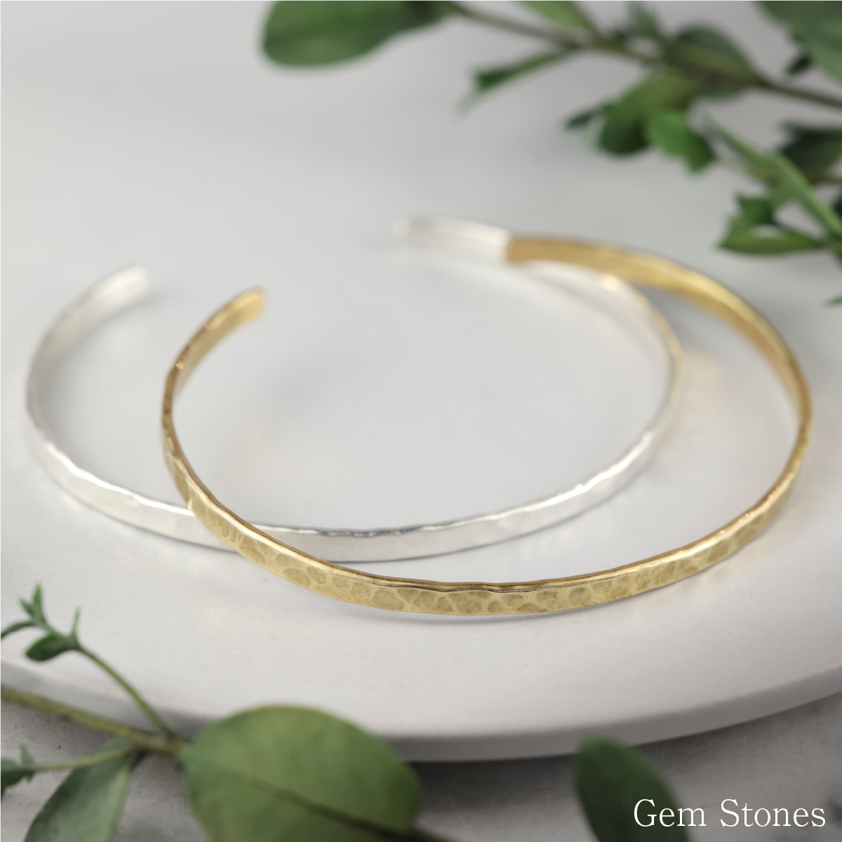 Gem Stones】 幅約3.7mm 純銀 真鍮 バングル ハンマード ピュア 