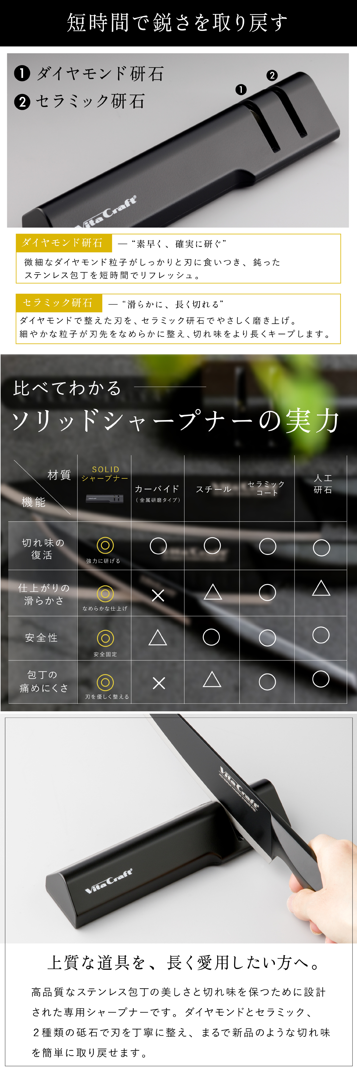 包丁研ぎ器 ビタクラフト SOLID KNIFE シャープナー VC-SS90 BK ステンレス包丁 両刃専用 ダイヤモンド砥石 セラミック砥石 2段階 包丁研ぎ シャープナー 研ぎ器 砥石 コンパクト 軽量 滑り止め 家庭用 キッチンツール 新生活 プレゼント ギフト